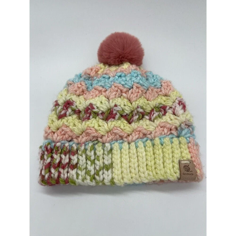 Handmade Knit Hat Beanie Womens One Size Multicolor Pom Bobble Chevron Winter